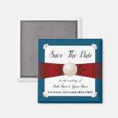 Burgund & Blue Pearl Ribbon Foto Save the Date Magnet (Vorderseite/Rückseite)
