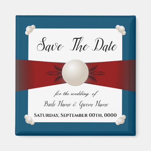 Burgund & Blue Pearl Ribbon Foto Save the Date Magnet (Vorne)