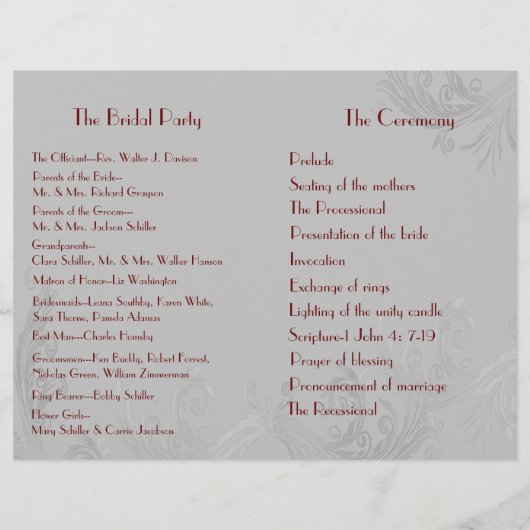 Burgund-Blüh-Hochzeitsprogramm (Rückseite)