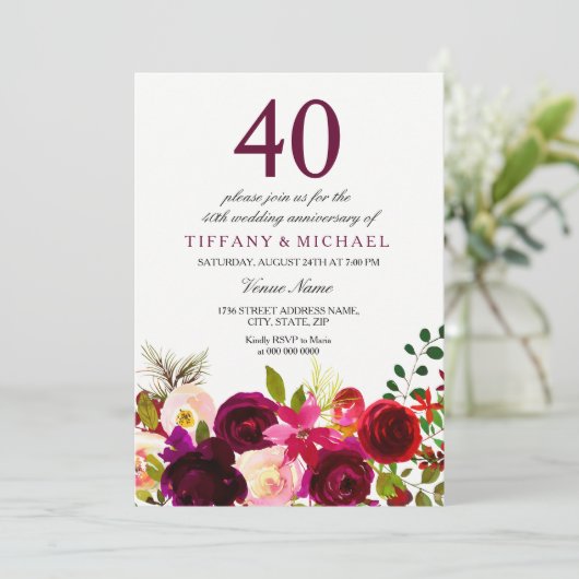 Burgund Blume 40. Hochzeitstag Einladung (Stehend Vorderseite)