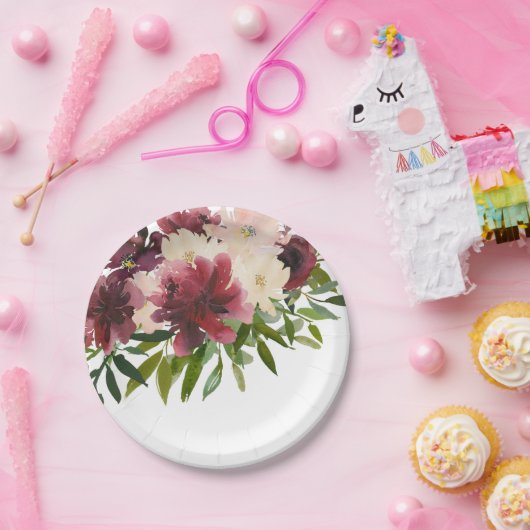 Burgund Blume Floral Wasserfarbe Pappteller (Party)