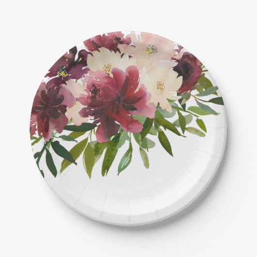 Burgund Blume Floral Wasserfarbe Pappteller (Vorderseite)