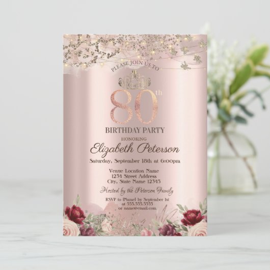 Burgund Blume Glitzer Border Rose Gold 80. Einladung (Stehend Vorderseite)