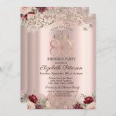 Burgund Blume Glitzer Border Rose Gold 80. Einladung (Vorne/Hinten)
