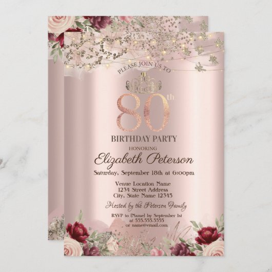 Burgund Blume Glitzer Border Rose Gold 80. Einladung (Vorne/Hinten)