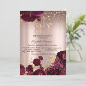 Burgund Blume Glitzer Rose Gold 80. Geburtstag Einladung (Stehend Vorderseite)