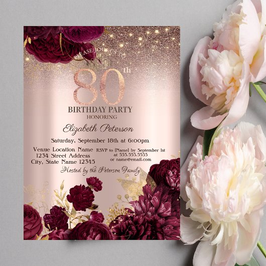 Burgund Blume Glitzer Rose Gold 80. Geburtstag Einladung