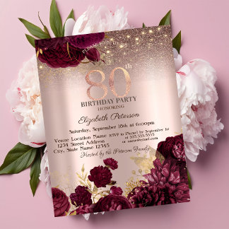 Burgund Blume Glitzer Rose Gold 80. Geburtstag Einladung