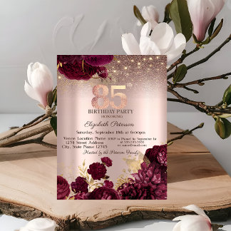 Burgund Blume Glitzer Rose Gold 85. Geburtstag Einladung