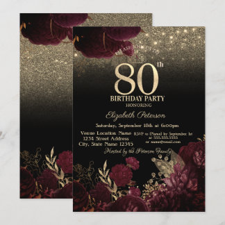 Burgund Blume Glitzer Schwarz 80. Geburtstag Einladung