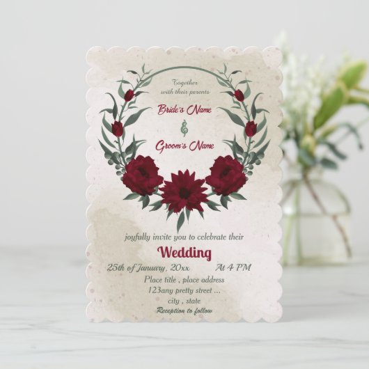 Burgund Blume Grünkranz Einladung (Stehend Vorderseite)