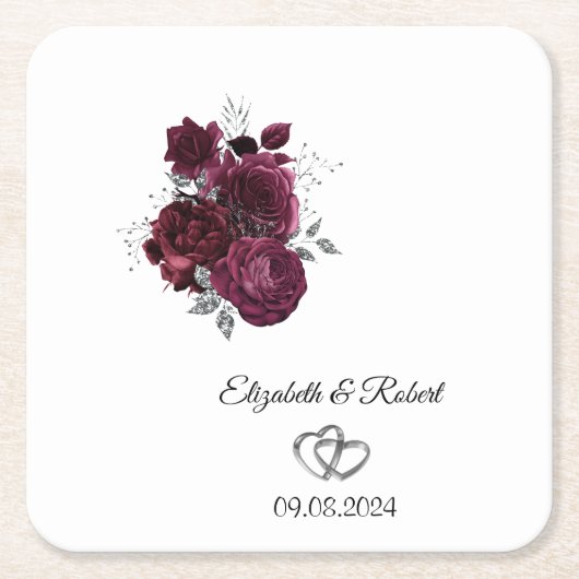 Burgund-Blume Hochzeit Rechteckiger Pappuntersetzer (Vorderseite)