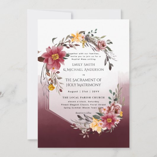 Burgund-Blume Katholische Hochzeit der Hochzeit de Einladung (Vorderseite)