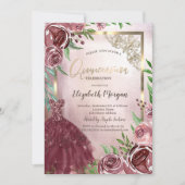 Burgund Blume kleiden Gold Frame Quinceanera Einladung (Vorderseite)