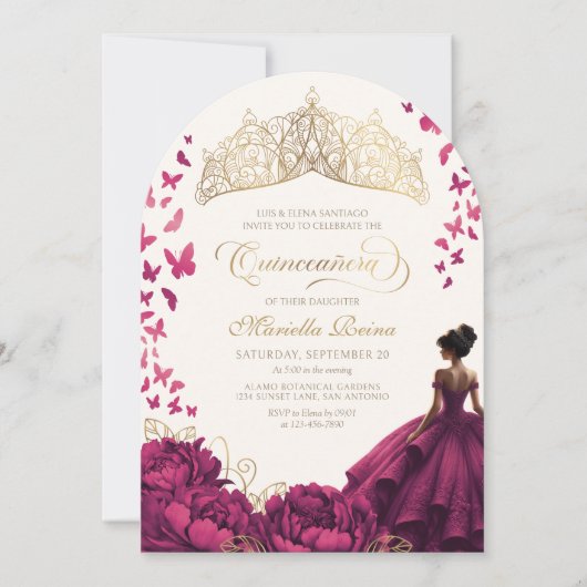 Burgund Blume kleiden Prinzessin Quinceanera Einladung (Vorderseite)