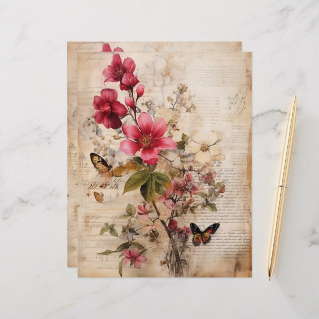 Burgund-Blume kollagen auf abgenutztem Background (Vorderseite/Rückseite Beispiel)