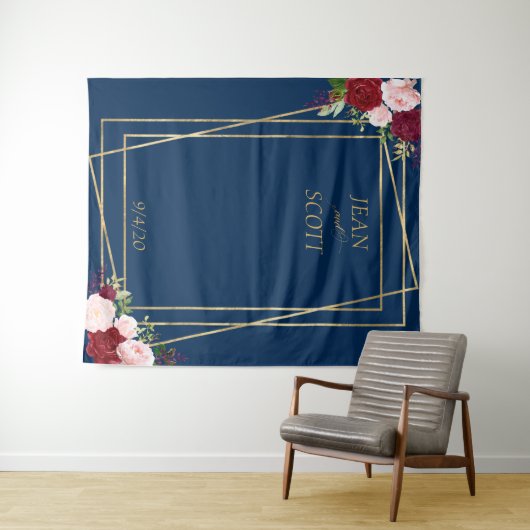Burgund Blume Navy Gold Frame Rosa Rosa Wandteppich (Beispiel (Horizontal))
