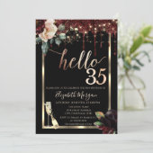 Burgund-Blume, Rahmen, Champagner 35. Einladung (Stehend Vorderseite)