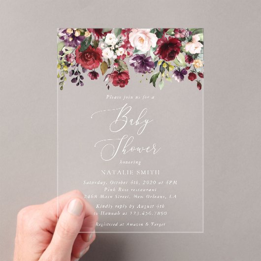 Burgund-Blume, rosa Blume, Boho, Babydusche Acryleinladungen (Insitu (Handheld))