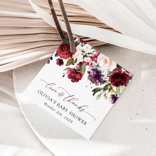 Burgund-Blume, rosa Blume, Boho, Babydusche Geschenkanhänger