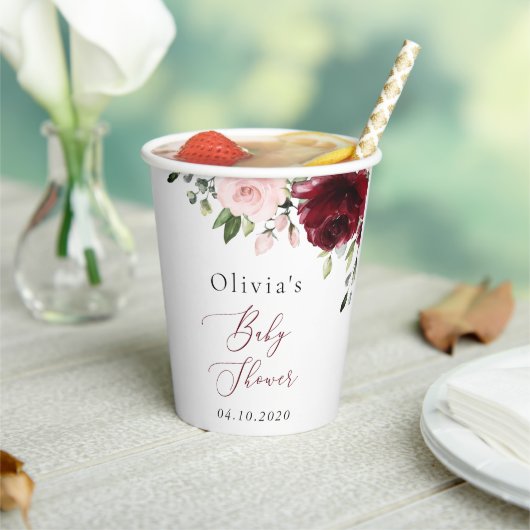 Burgund-Blume, rosa Blume, Boho, Babydusche Pappbecher (In Situ)