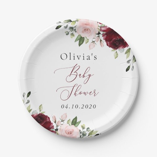 Burgund-Blume, rosa Blume, Boho, Babydusche Pappteller (Vorderseite)