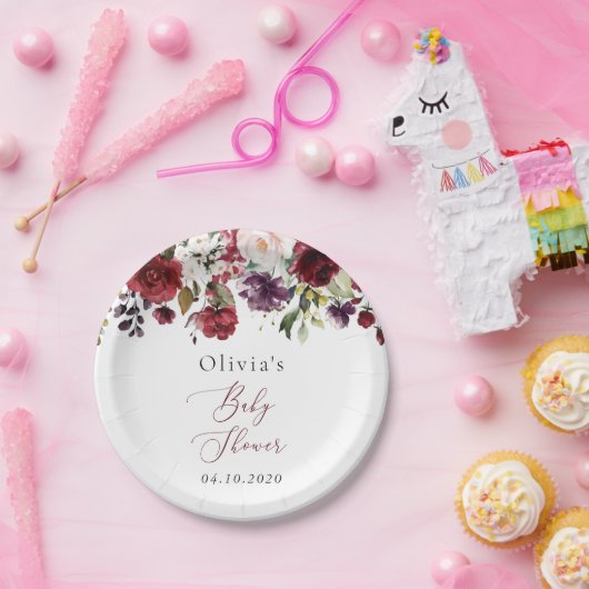 Burgund-Blume, rosa Blume, Boho, Babydusche Pappteller (Party)