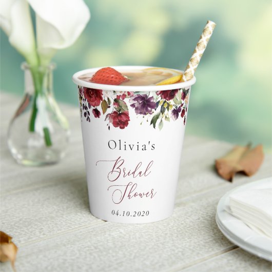 Burgund-Blume, rosa Blume, Boho-Brautparty Pappbecher (In Situ)