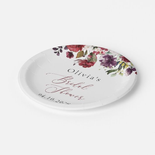 Burgund-Blume, rosa Blume, Boho-Brautparty Pappteller (Schrägansicht)