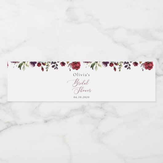 Burgund-Blume, rosa Blume, Boho-Brautparty Wasserflaschenetikett (Einzelnes Label)