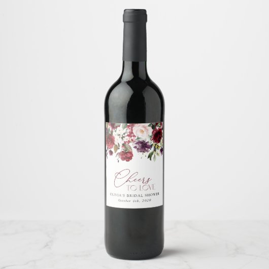 Burgund-Blume, rosa Blume, Boho-Brautparty Weinetikett (Vorderseite)