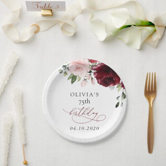 Burgund-Blume, rosa Blume, Boho, Geburtstag Pappteller (Hochzeit)