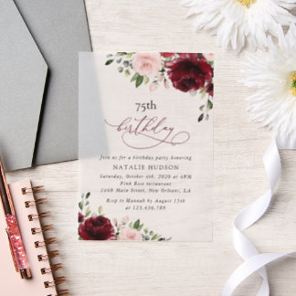 Burgund-Blume, rosa Blume, Boho, Geburtstag Pergament Einladungen