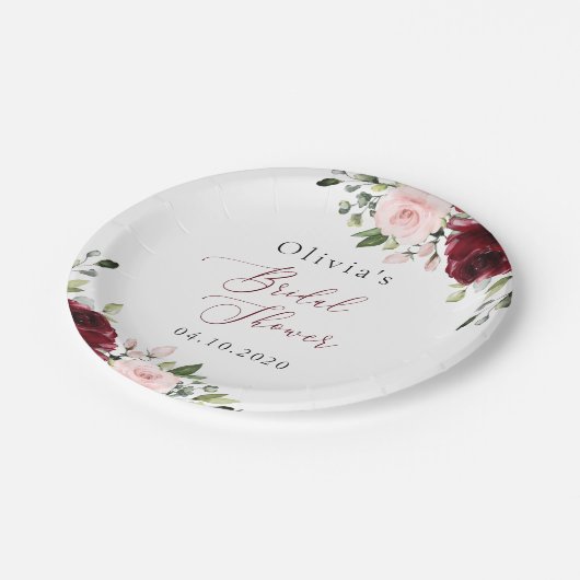 Burgund-Blume, rosa Blume, Brautparty Pappteller (Schrägansicht)