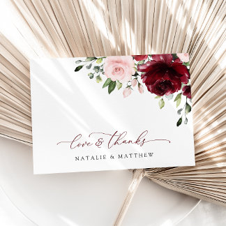 Burgund-Blume, rosa Blume, Grünpflanzen, Hochzeit Dankeskarte