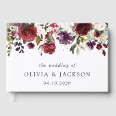 Burgund-Blume, rosa Blume, Grünpflanzen, Hochzeit Gästebuch (Vorderseite)