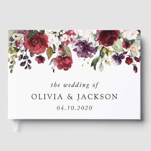 Burgund-Blume, rosa Blume, Grünpflanzen, Hochzeit Gästebuch (Vorderseite)