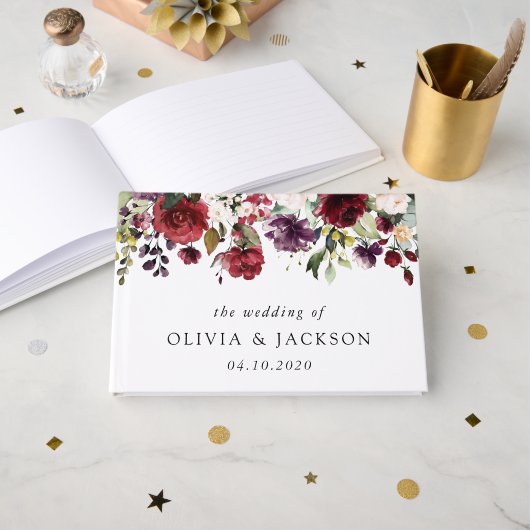 Burgund-Blume, rosa Blume, Grünpflanzen, Hochzeit Gästebuch (Vorderseite Offen)