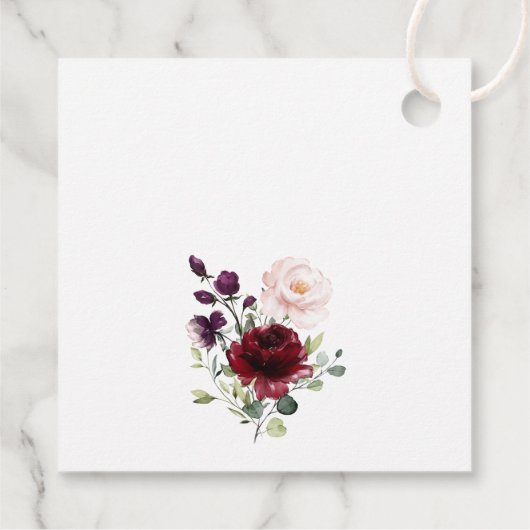 Burgund-Blume, rosa Blume, Grünpflanzen, Hochzeit Geschenkanhänger (Rückseite)