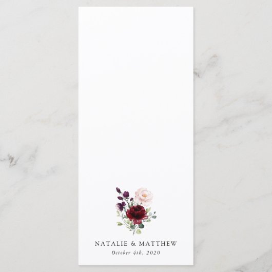 Burgund-Blume, rosa Blume, Grünpflanzen, Hochzeit Menükarte (Rückseite)