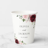 Burgund-Blume, rosa Blume, Grünpflanzen, Hochzeit Pappbecher (Rückseite)