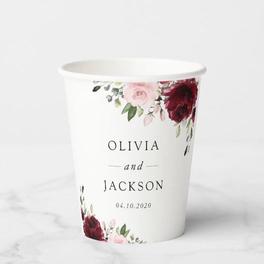 Burgund-Blume, rosa Blume, Grünpflanzen, Hochzeit Pappbecher (Rückseite)
