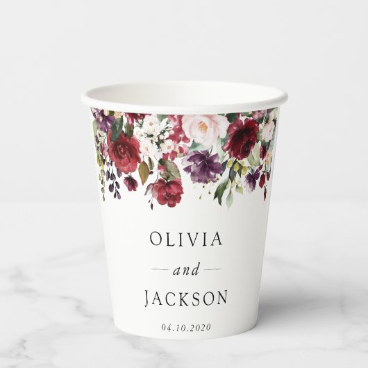 Burgund-Blume, rosa Blume, Grünpflanzen, Hochzeit Pappbecher (Rückseite)