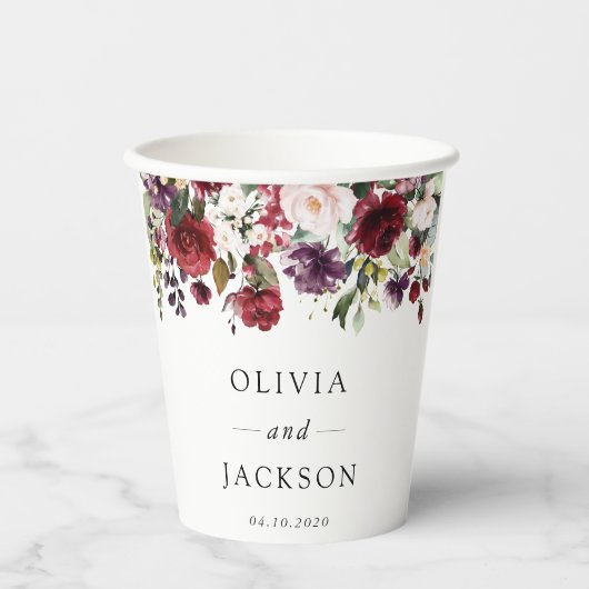 Burgund-Blume, rosa Blume, Grünpflanzen, Hochzeit Pappbecher (Vorderseite)