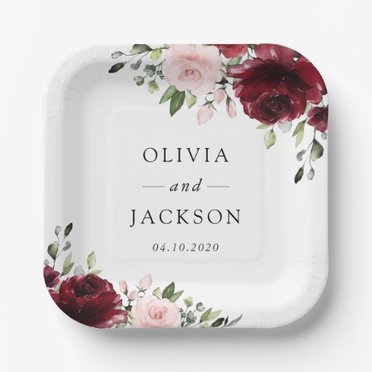 Burgund-Blume, rosa Blume, Grünpflanzen, Hochzeit Pappteller (Vorderseite)