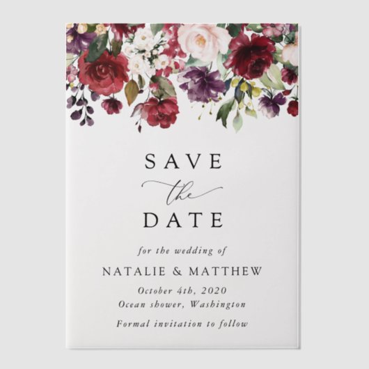 Burgund-Blume, rosa Blume, Grünpflanzen, Hochzeit Pergament Einladungen (Vorderseite)