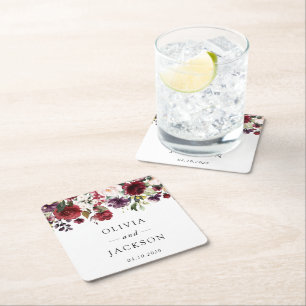 Burgund-Blume, rosa Blume, Grünpflanzen, Hochzeit Rechteckiger Pappuntersetzer