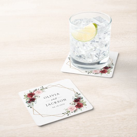 Burgund-Blume, rosa Blume, Grünpflanzen, Hochzeit Rechteckiger Pappuntersetzer (Vor Ort)