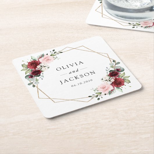 Burgund-Blume, rosa Blume, Grünpflanzen, Hochzeit Rechteckiger Pappuntersetzer (angewinkelt)