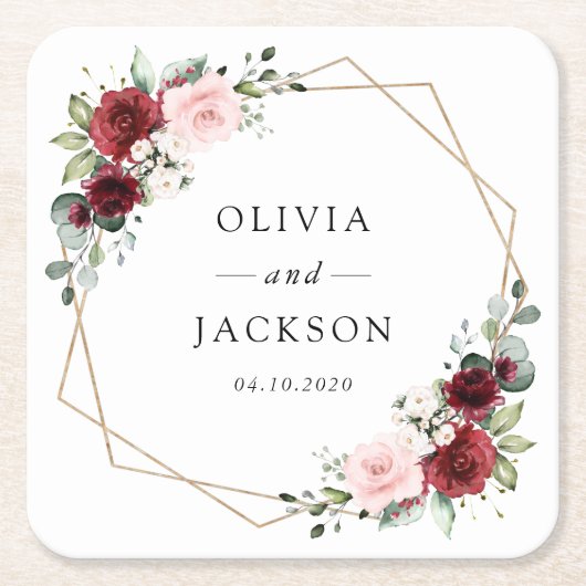 Burgund-Blume, rosa Blume, Grünpflanzen, Hochzeit Rechteckiger Pappuntersetzer (Vorderseite)